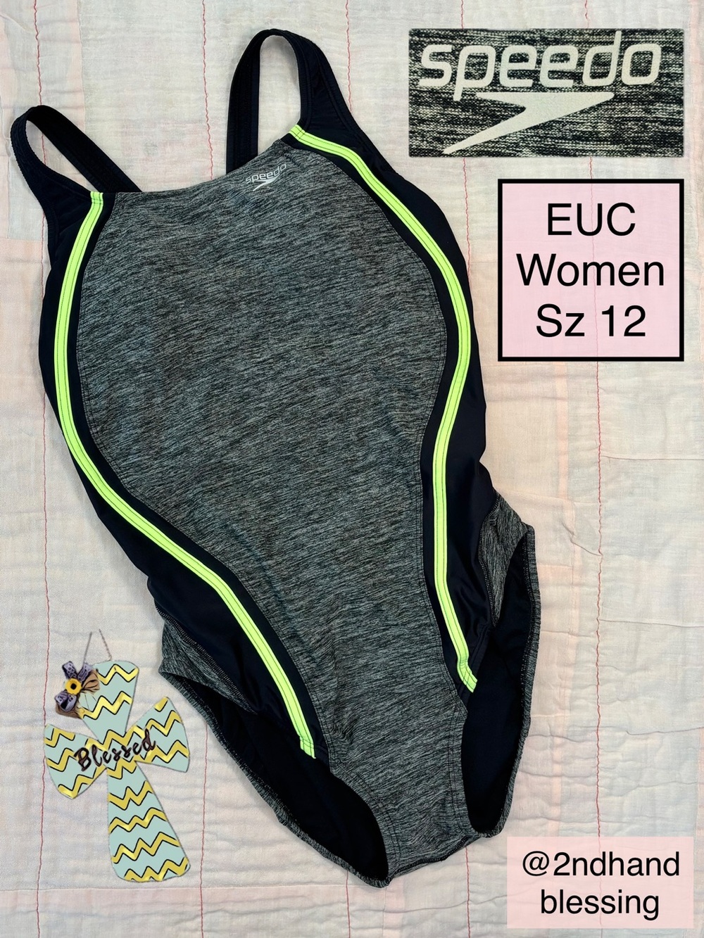 EUC Speedo Swimsuit Heather Quantum Splice Hydro Bra, Gray Neon Green, Women 12